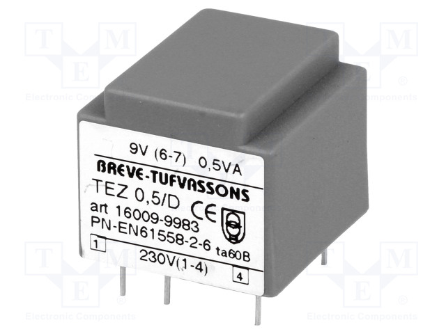MUUNTAJA - 0,5VA - 230VAC - 9V - 55,5MA - PCB - IP00 - TEZ - Piirilevymuuntajat - TEZ0.5D9V - 1