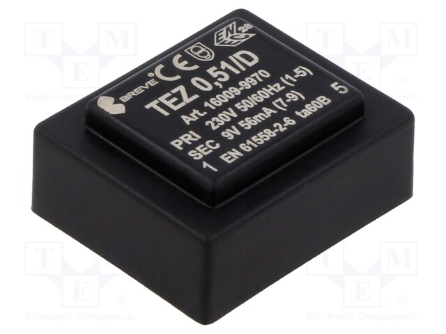 MUUNTAJA - 0,5VA - 230VAC - 9V - PCB - IP00 - TEZ - A: 28MM - Piirilevymuuntajat - TEZ0.51D9V - 1