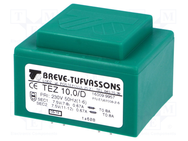 MUUNTAJA - 10VA - 230VAC - 7,5V - 7,5V - 666,6MA - 666,6MA - PCB - Piirilevymuuntajat - TEZ10D7.5-7.5V - 1
