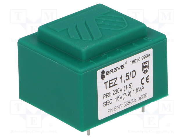 MUUNTAJA - 1,5VA - 230VAC - 15V - 100MA - PCB - IP00 - TEZ - Piirilevymuuntajat - TEZ1.5D15V - 1