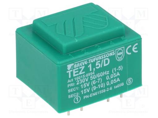 MUUNTAJA: KOTELOITU - 1,5VA - 230VAC - 15V - 15V - 5MA - 50MA - PCB - IP00 - Piirilevymuuntajat - TEZ1.5D15-15V - 1