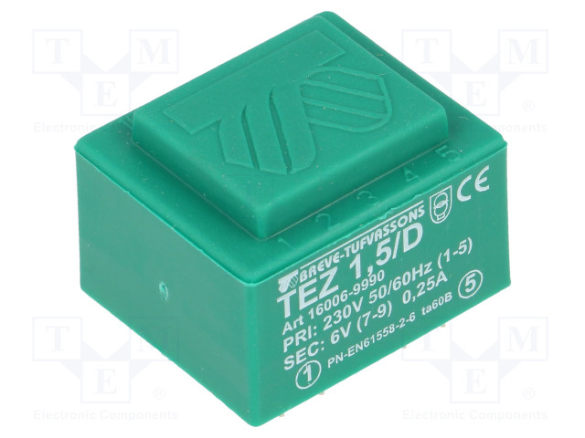 MUUNTAJA - 1,5VA - 230VAC - 6V - 250MA - PCB - IP00 - TEZ - A: 28MM - Piirilevymuuntajat - TEZ1.5D6V - 1