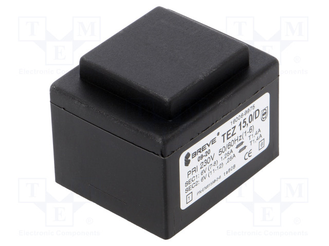 MUUNTAJA - 15VA - 230VAC - 6V - 6V - 1,25A - 1,25A - PCB - IP00 - Piirilevymuuntajat - TEZ15D6-6V - 1