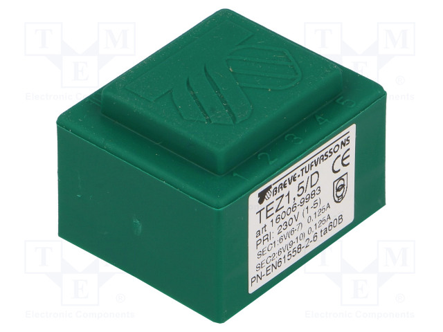 MUUNTAJA - 1,5VA - 230VAC - 6V - 6V - 12,5MA - 125MA - PCB - IP00 - Piirilevymuuntajat - TEZ1.5D6-6V - 1