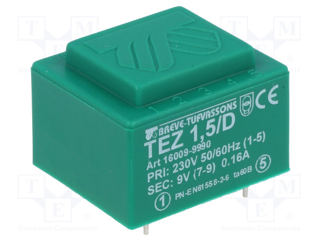 MUUNTAJA - 1,5VA - 230VAC - 9V - 166,6MA - PCB - IP00 - TEZ - Piirilevymuuntajat - TEZ1.5D9V - 1