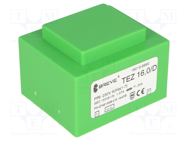 MUUNTAJA - 16VA - 230VAC - 15V - 1066,6MA - PCB - IP00 - TEZ - Piirilevymuuntajat - TEZ16D15V - 1