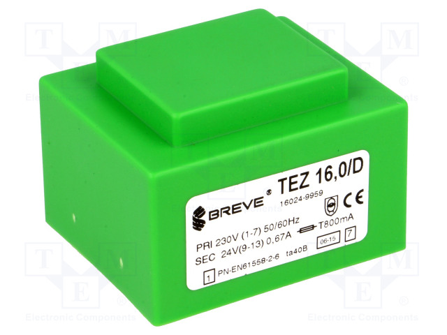 MUUNTAJA - 16VA - 230VAC - 24V - 666,6MA - PCB - IP00 - TEZ - Piirilevymuuntajat - TEZ16D24V - 1