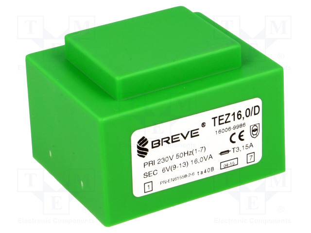 MUUNTAJA - 16VA - 230VAC - 6V - 2666,6MA - PCB - IP00 - TEZ - Piirilevymuuntajat - TEZ16D6V - 1