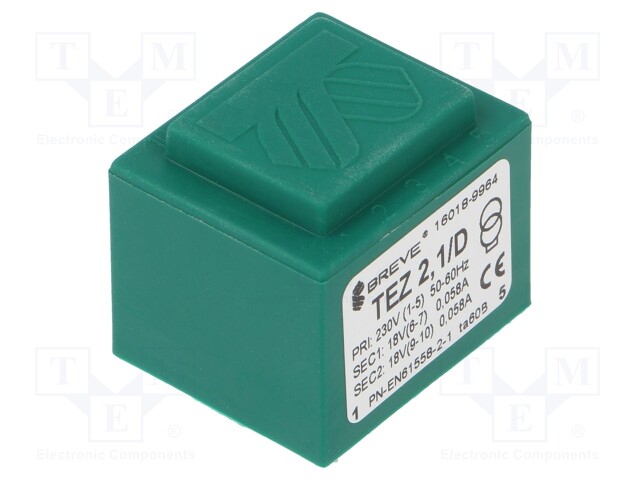 MUUNTAJA - 2,1VA - 230VAC - 18V - 18V - 58MA - 58MA - PCB - IP00 - Piirilevymuuntajat - TEZ2.1D18-18V - 1