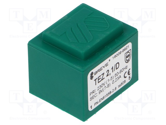 MUUNTAJA - 2,1VA - 230VAC - 9V - 233MA - PCB - IP00 - TEZ - A: 28MM - Piirilevymuuntajat - TEZ2.1D9V - 1
