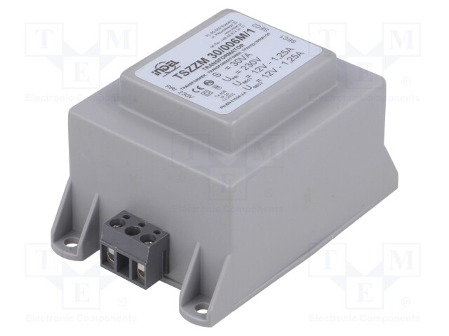 MUUNTAJA: KOTELOITU - 30VA - 230VAC - 12V - 12V - 1,25A - 1,25A - RUUVI- - Muuntajat kiinnityksen kanssa - TSZZM252X12V - 1