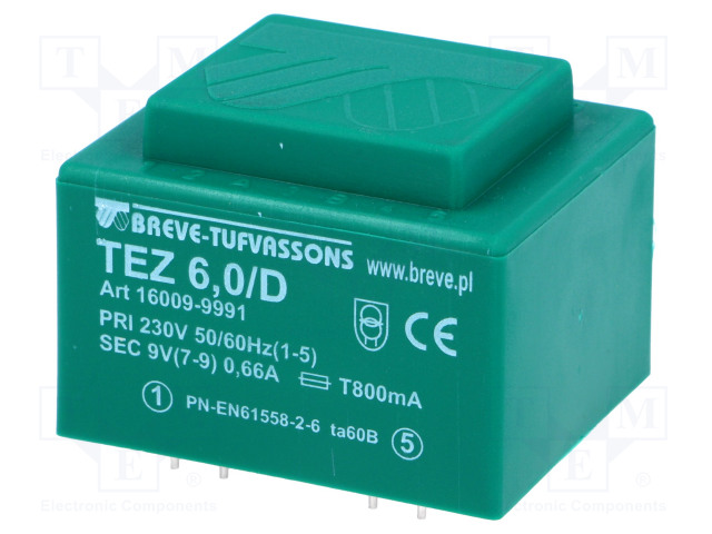 MUUNTAJA - 6VA - 230VAC - 9V - 666,6MA - PCB - IP00 - TEZ - A: 38MM - Piirilevymuuntajat - TEZ6D9V - 1