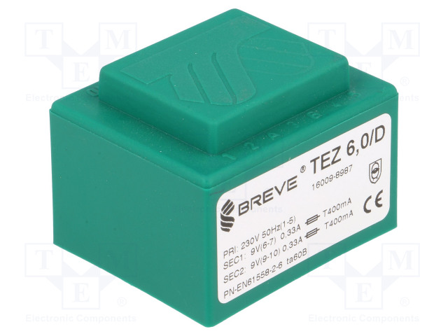MUUNTAJA - 6VA - 230VAC - 9V - 9V - 333,3MA - 333,3MA - PCB - IP00 - Piirilevymuuntajat - TEZ6D9-9V - 1