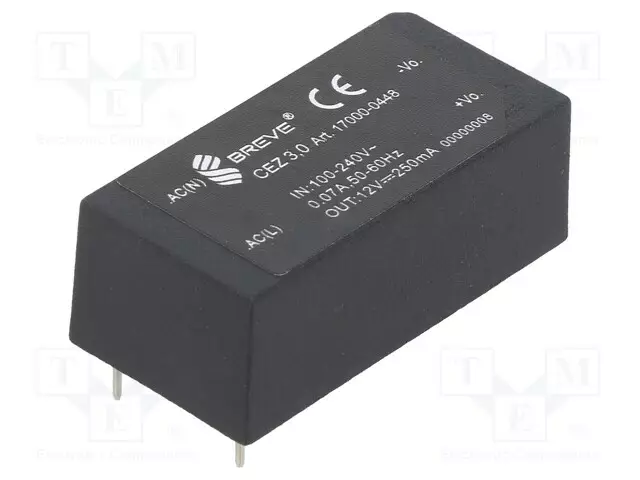 AC/DC MUUNNIN - 3W - TULOJÄNNITE 85÷265VAC,120÷380VDC - LÄHTÖJÄNNITE 12VDC - OUT: 1 - AC/DC muuntimet - CEZ-3.0-23012V - 1
