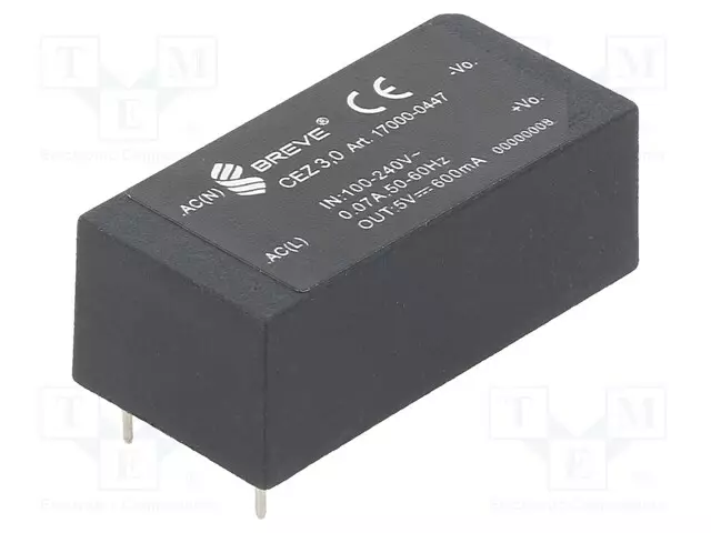 AC/DC MUUNNIN - 3W - TULOJÄNNITE 85÷265VAC,120÷380VDC - LÄHTÖJÄNNITE 5VDC - OUT: 1 - AC/DC muuntimet - CEZ-3.0-2305V - 1