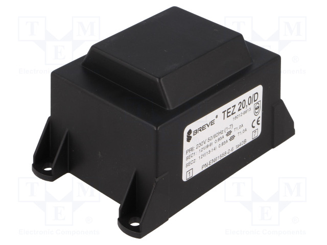 MUUNTAJA - 20VA - 230VAC - 12V - 12V - 833,3MA - 833,3MA - PCB - Piirilevymuuntajat - TEZ20D12-12V - 1