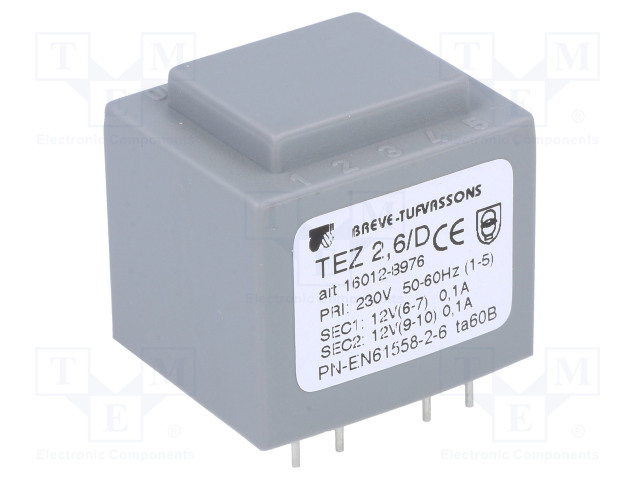 MUUNTAJA - 2,5VA - 230VAC - 12V - 12V - 104,1MA - 104,1MA - PCB - Piirilevymuuntajat - TEZ2.6D12-12V - 1
