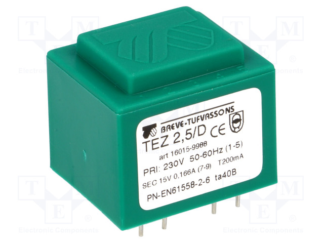 MUUNTAJA - 2,5VA - 230VAC - 15V - 166,6MA - PCB - IP00 - TEZ - Piirilevymuuntajat - TEZ2.5D15V - 1