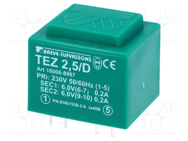 MUUNTAJA - 2,5VA - 230VAC - 6V - 6V - 208,3MA - 208,3MA - PCB - Piirilevymuuntajat - TEZ2.5D6-6V - 1