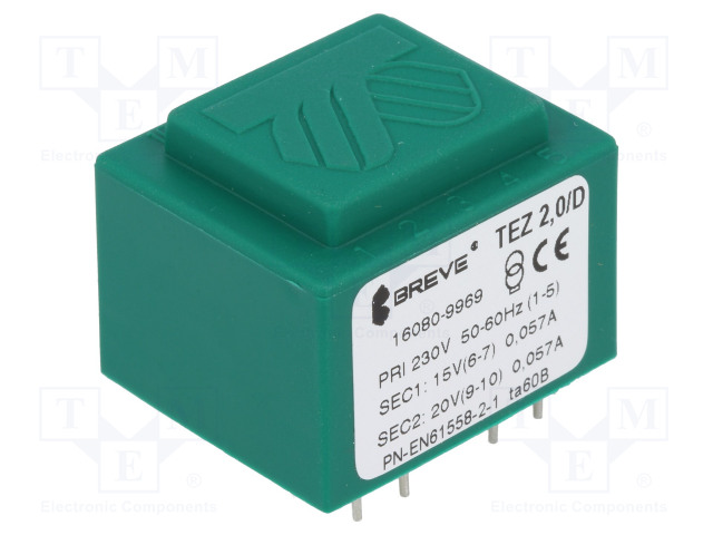MUUNTAJA - 2VA - 230VAC - 15V - 20V - PCB - IP00 - A: 28MM - B: 33MM - Piirilevymuuntajat - TEZ2D15-20V - 1