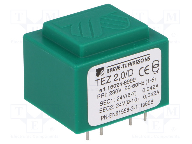MUUNTAJA - 2VA - 230VAC - 24V - 24V - 41,6MA - 41,6MA - PCB - IP00 - Piirilevymuuntajat - TEZ2D24-24V - 1