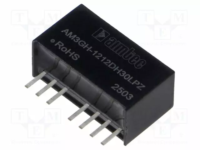 DC/DC MUUNNIN - 3W - TULOJÄNNITE 4,5÷18VDC - LÄHTÖJÄNNITE 12VDC - ULÄH2: -12VDC - SIP8 - DC/DC muuntimet - AM3GH-1212DH30LPZ - 1